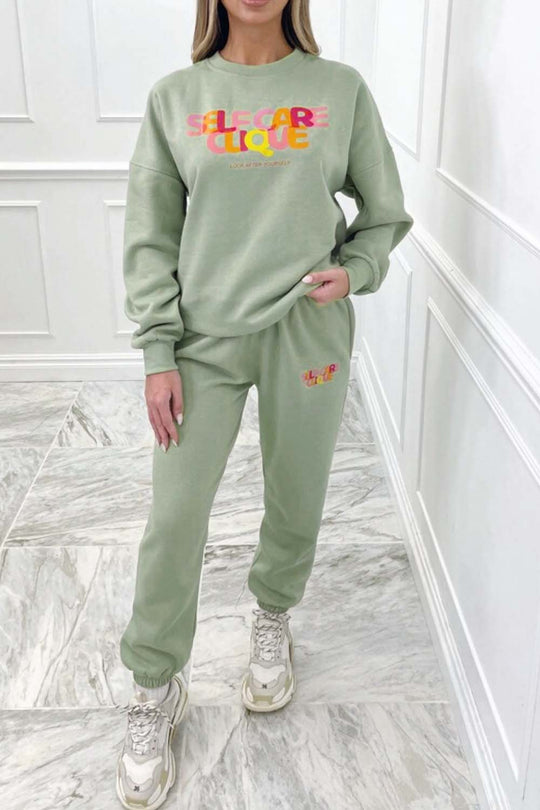 self care clique sage printed sweater loungewear set
