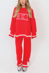 Ski embroidered red knitted jumper and trousers