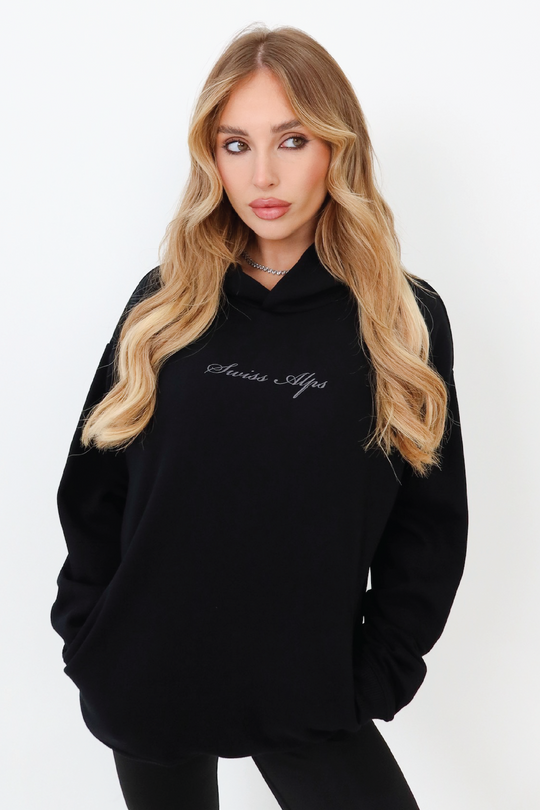 Ski club black printed premium relaxed hoodie