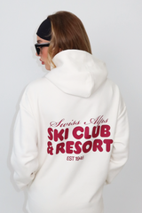 Ski club ecru printed premium relaxed hoodie