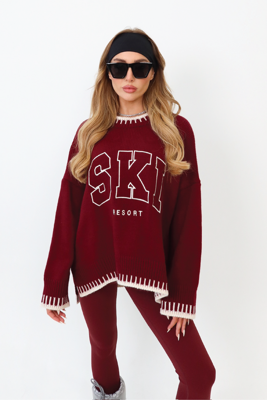 Ski resort embroidered burgundy knit jumper
