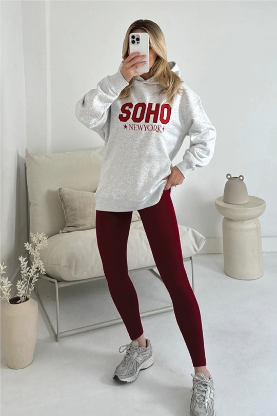 Soho embroidered marl grey hoodie and red legging set