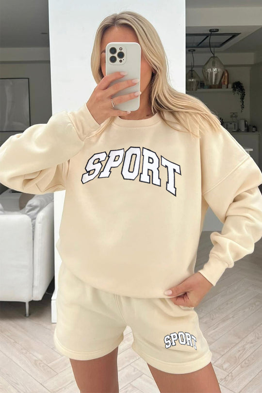 Sport embroidered ecru sweater short loungewear set