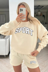 Sport embroidered ecru sweater short loungewear set