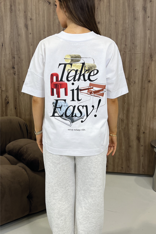 TAKE IT EASY PRINTED WHITE OVERSIZED TSHIRT