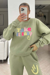 take it easy sage embroidered sweater loungewear set