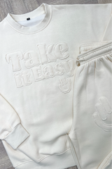 Take it easy ecru embroidered sweater joggers premium loungewear