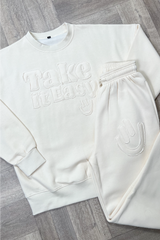 Take it easy ecru embroidered sweater joggers premium loungewear