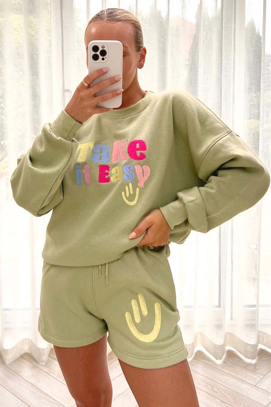 take it easy sage embroidered sweater short loungewear set