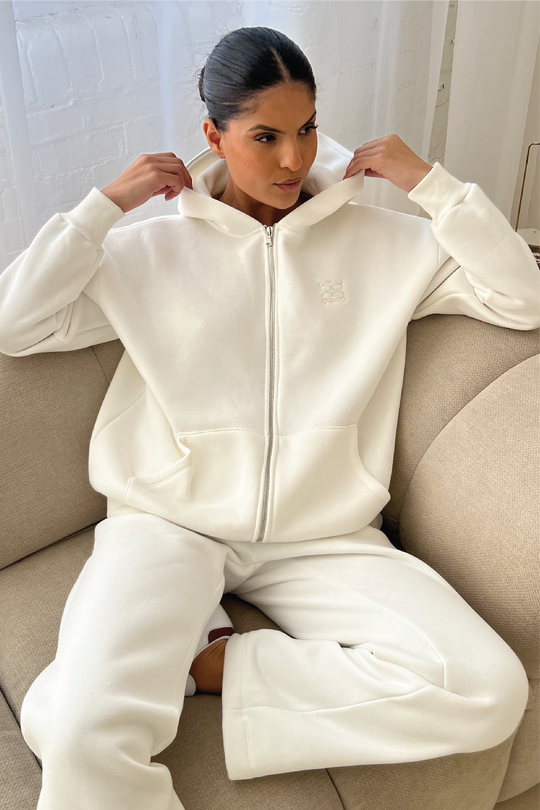 Ivory embroidered logo zip hoodie