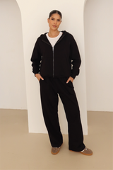 Black embroidered logo zip hoodie