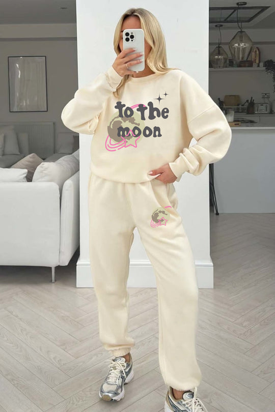 To the moon ecru printed sweater joggers premium loungewear