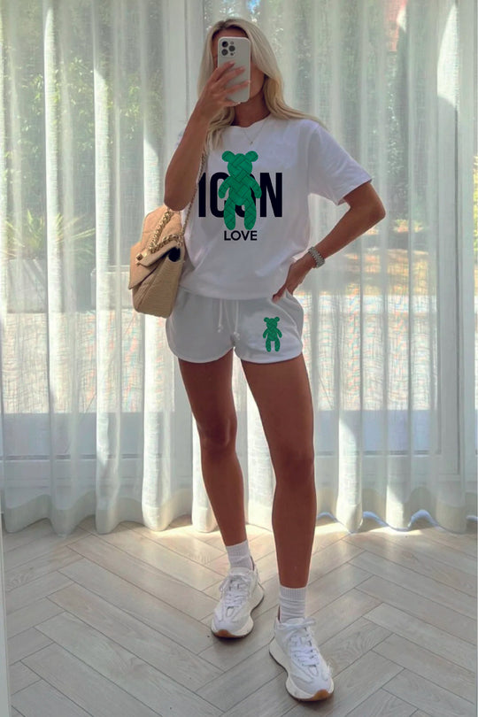 Icon Teddy white printed short tee coord