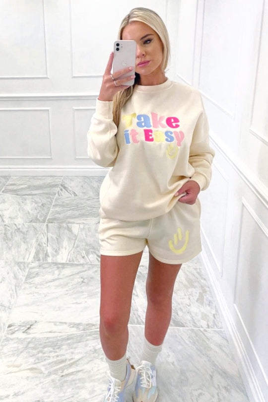 take it easy ecru sweater short loungewear set