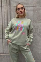 feed your heart premium sage printed sweater loungewear set
