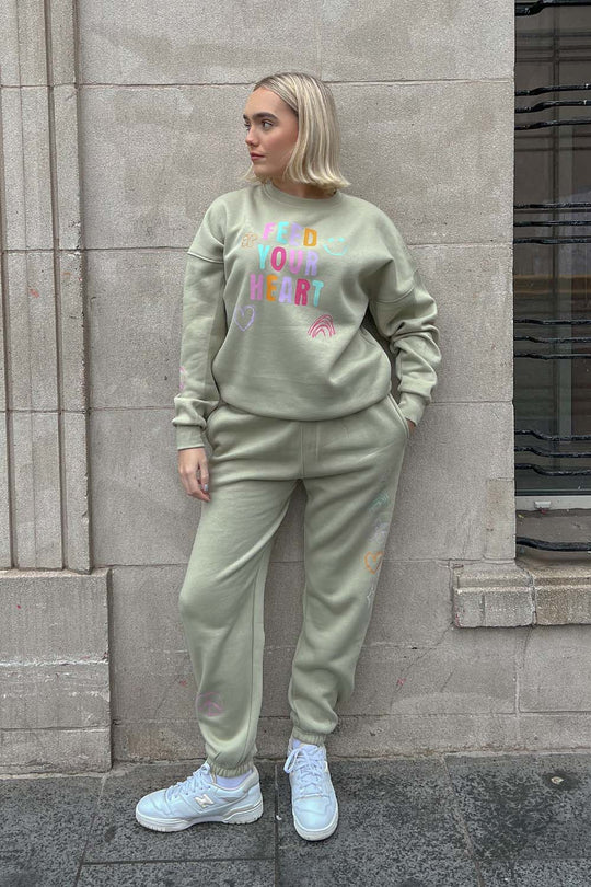 feed your heart premium sage printed sweater loungewear set