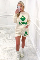 Love heart green & ecru sweater short loungewear set