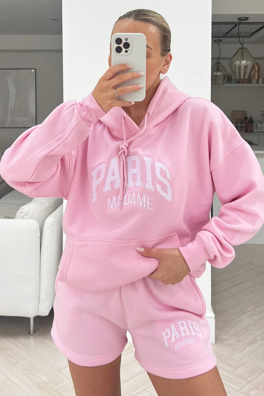 paris madame baby pink embroidered hoodie short set