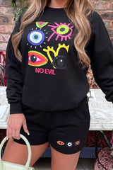 No evil black Printed sweater short loungewear set