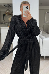 Pascal black tie waist sequin jumpsuit