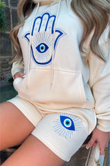 Hamsa Hand Ecru Hoodie Embroidered short loungewear set