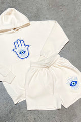 Hamsa Hand Ecru Hoodie Embroidered short loungewear set
