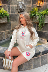 Je Taime Ecru Hoodie Embroidered short loungewear set