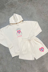 Je Taime Ecru Hoodie Embroidered short loungewear set