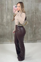 Larnie chocolate faux leather straight leg trousers