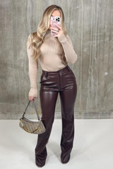 Larnie chocolate faux leather straight leg trousers
