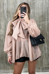 Eleanor Blush bow tie shimmer blouse
