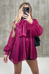 Eleanor fuchsia bow tie shimmer blouse
