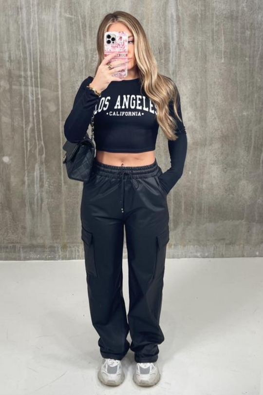 Alaura black loose fit pu cargo trousers