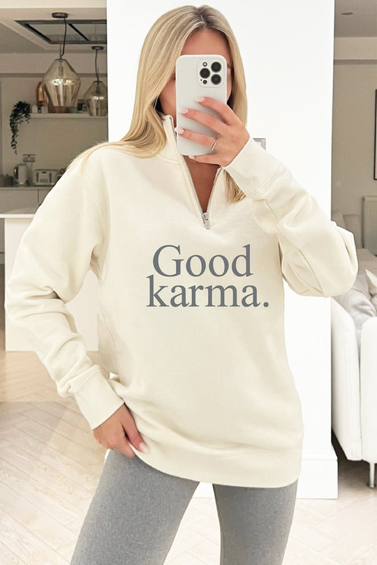 Good Karma Ecru Printed 1/4 zip sweater