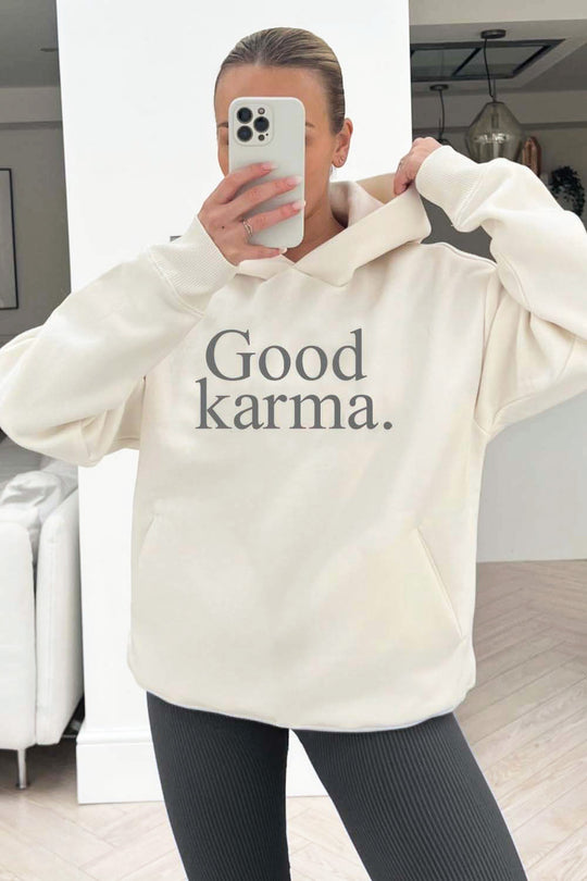Good Karma premium ecru printed hoodie