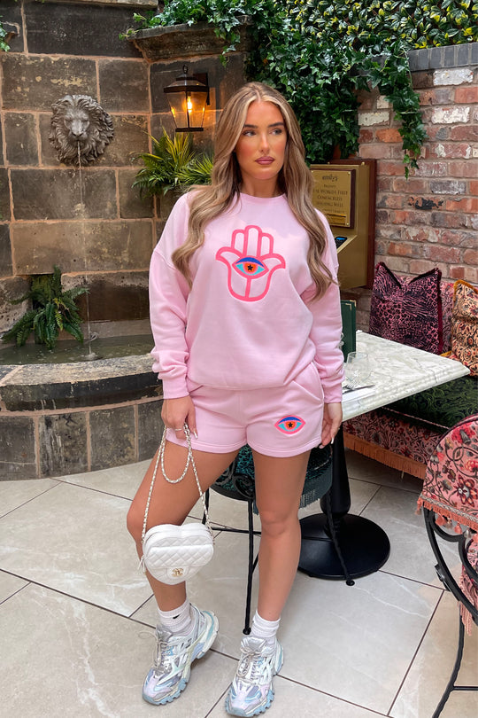 Hamsa Hand Pink sweater short loungewear set