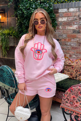 Hamsa Hand Pink sweater short loungewear set