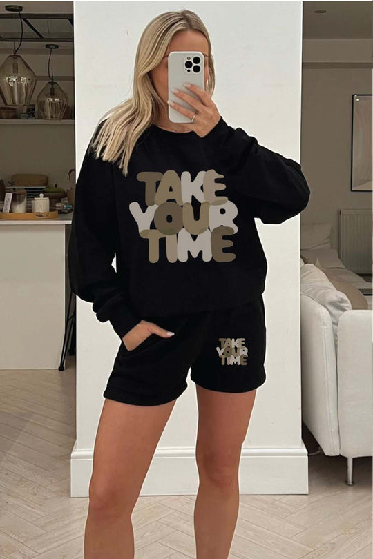 take your time Black sweater short loungewear set