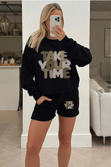 take your time Black sweater short loungewear set