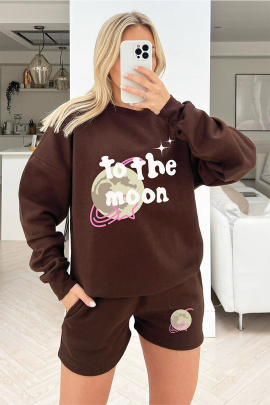 to the moon chocolate sweater short loungewear set