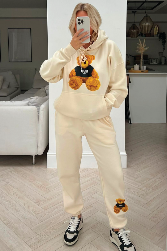 Paris teddy ecru hooded loungewear set