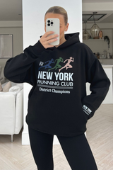 New york running black premium navy printed hoodie