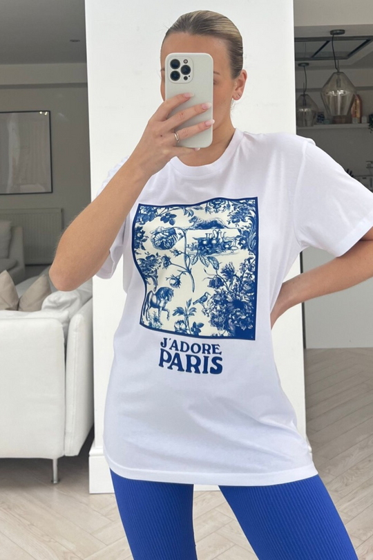 Jadore paris floral white & blue printed tee