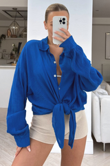 Safia royal blue cheesecloth knot tie button up shirt