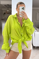 Safia lime green cheesecloth knot tie button up shirt