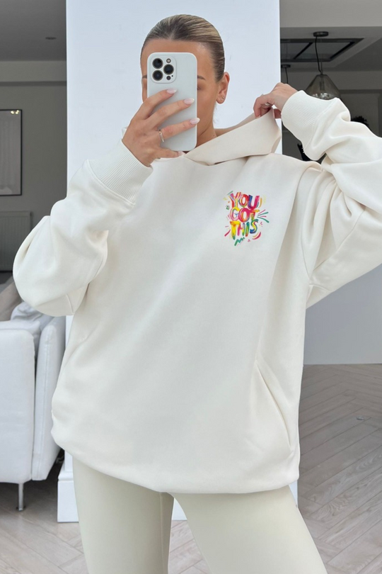 You got this premium ecru printed hoodie