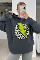 Lightening leopard premium grey & green printed hoodie