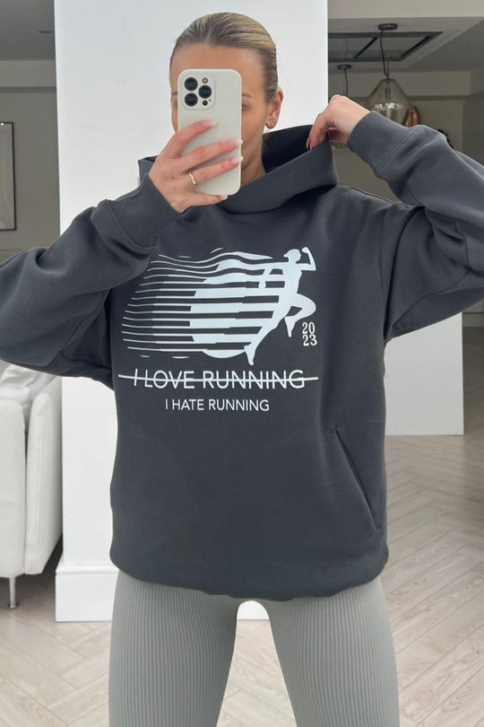 I hate running steel grey printed premium hoodie