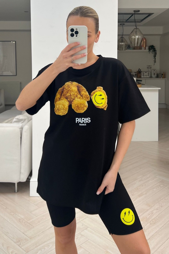 heads of teddy black printed cycling short co-ord