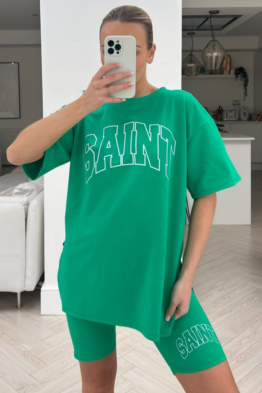 Saint green printed cycling short co-ord